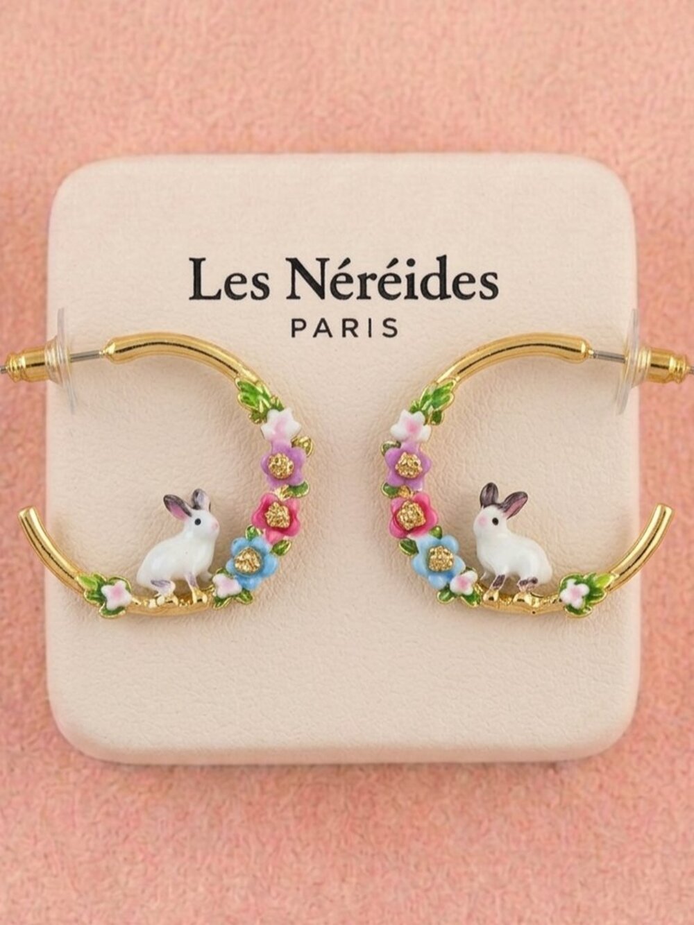 Les Néréides Bunny Floral Hoop Earrings Gold Enamel